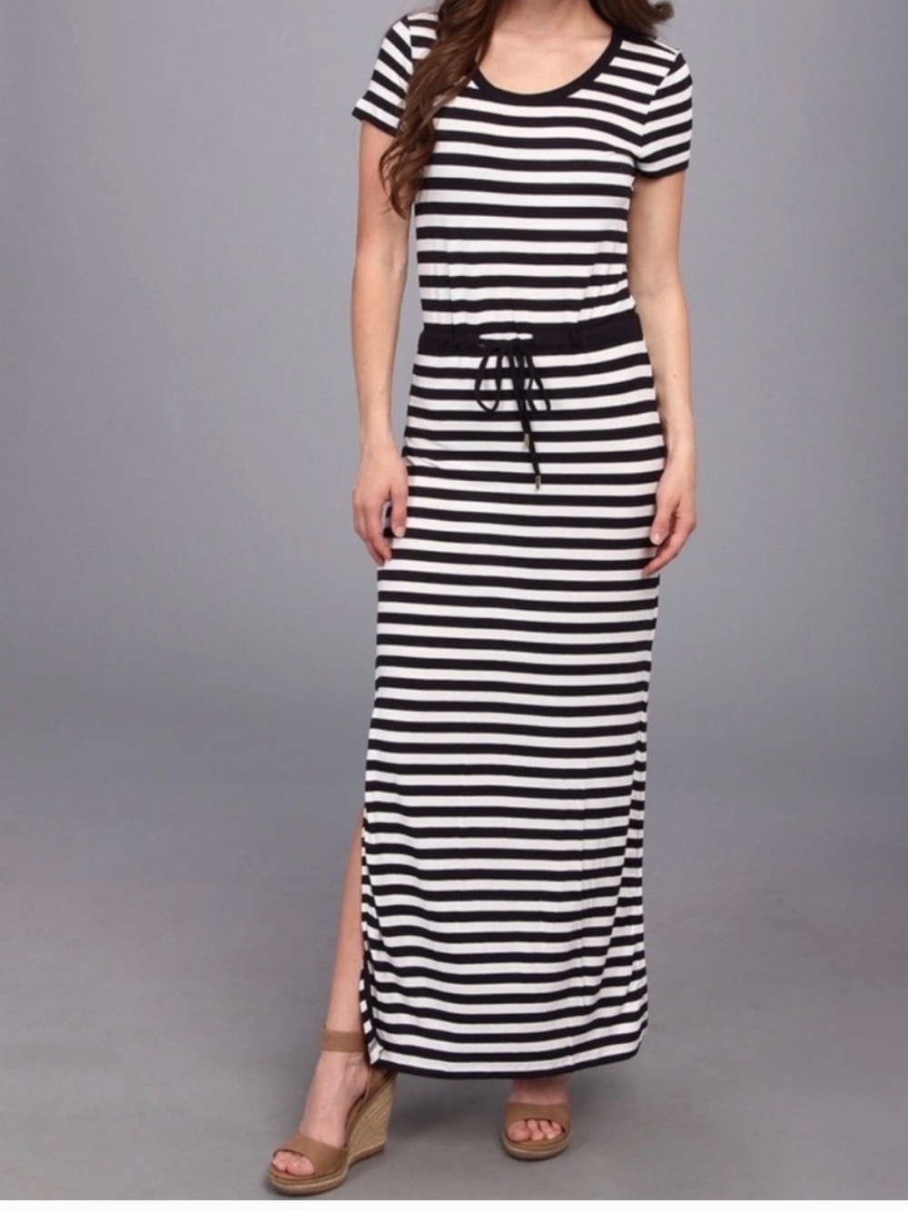 Michael Kors Striped Short-Sleeve Black and White Maxi Dress